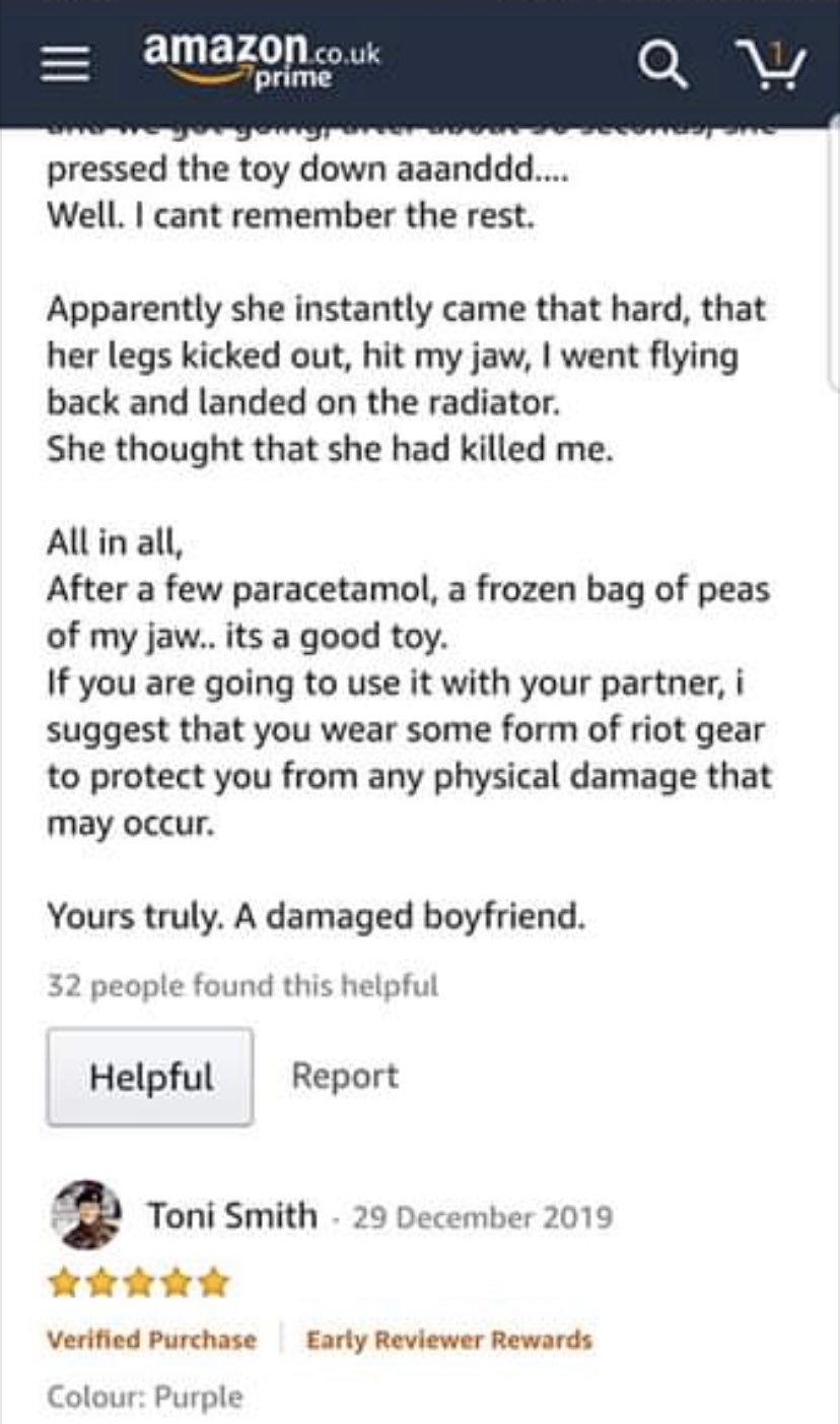 The boyfriend said he was left 'damaged' after his girlfriend sent him flying after orgasming