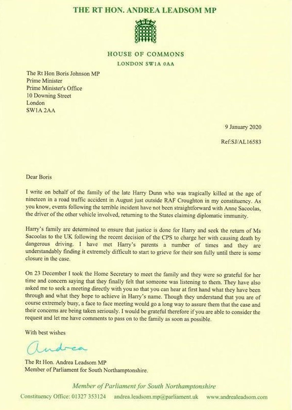  The letter sent to Prime Minister Boris Johnson from Business Secretary Andrea Leadsom