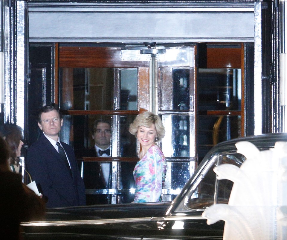  Actress Emma Corrin recreates Princess Diana’s arrival at the Bernado’s Champion Awards arrival at the Savoy Hotel