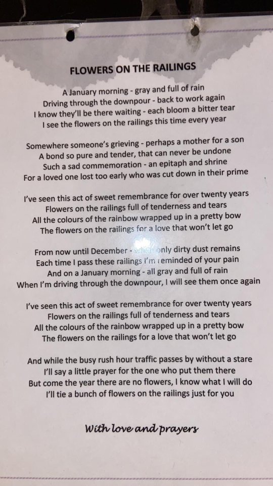  Peter Fearnley wrote the poem after seeing the tributes on the roadside