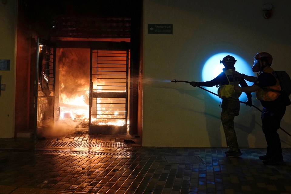  The housing complex was firebombed by rioters in the Fanling district of Hong Kong