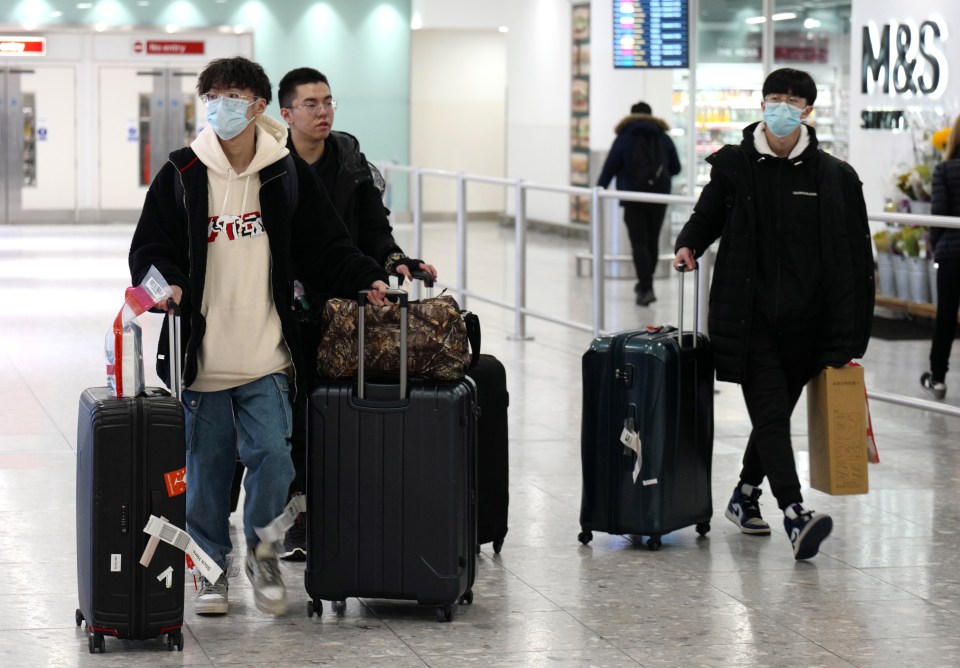  At Heathrow airport arrivals passengers are seen wearing face masks as they come back from their travels