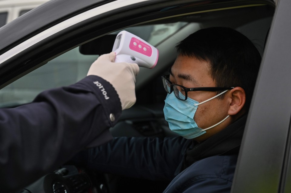 A driver is stopped and tested at a roadblock on the edge of the city