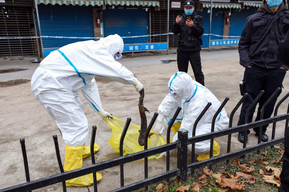 Medics in protective suits is seen at the now closed seafood market in Wuhan