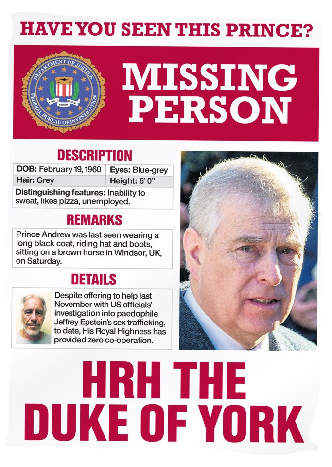  The Sun has now put up Missing Person posters to try and track down FBI-dodging Andrew