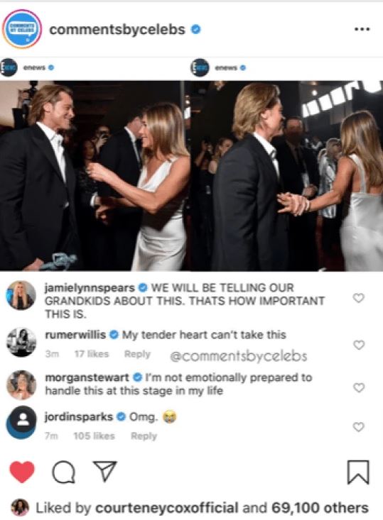 Courteney was spotted liking a stream of posts about Brad and Jen’s reunion