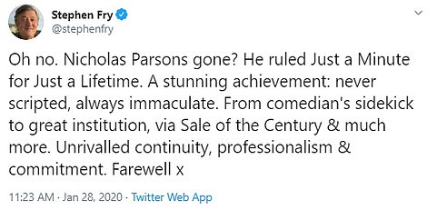  Stephen Fry remembered Parsons for his 'unrivalled continuity, professionalism and commitment'