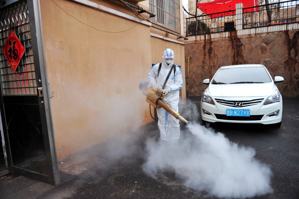  Volunteers from Qingdao West Coast Red Cross help to disinfect a residential area in Qingdao