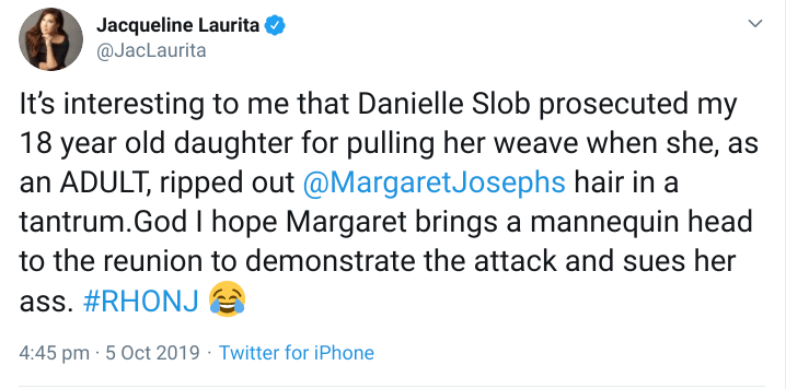 Former RHONJ cast member Jacqueline Laurita called out Danielle for once being on the other end of a hair pulling incident