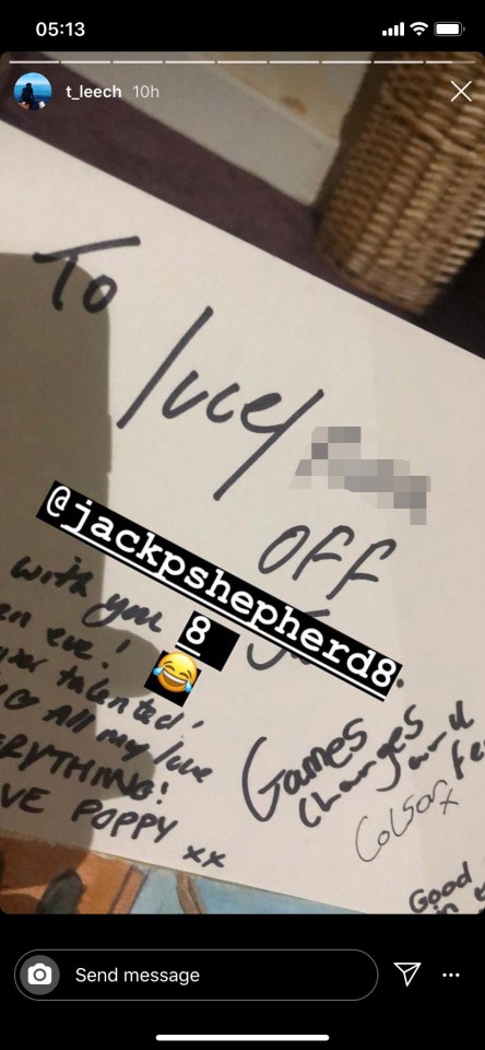  Lucy's boyfriend Tom shared Jack's cheeky message in her leaving card