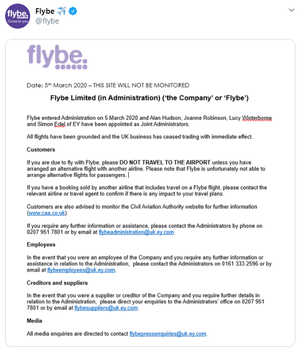  Flybe posted the following announcement on its Twitter page