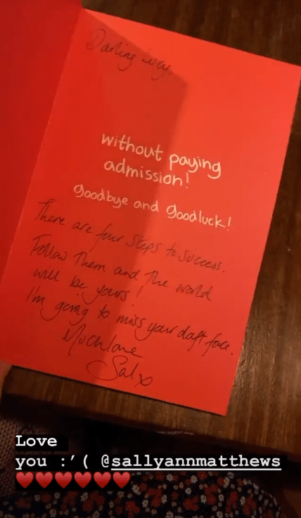  Lucy was moved by the sweet message from her co-star Sally Ann in her leaving card