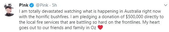  Pink tweeted her pledge in response to the news