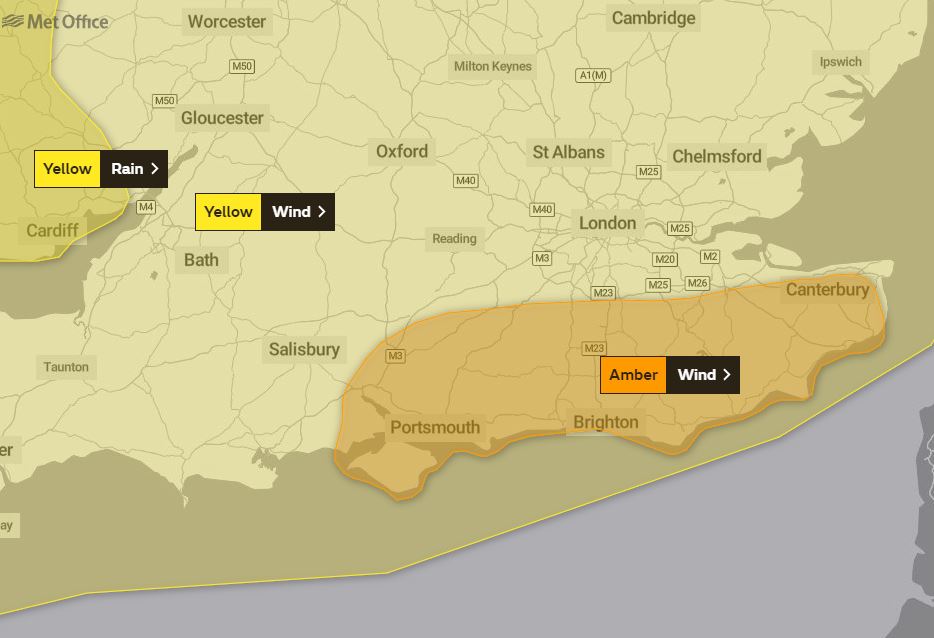  High winds up to 80mph are expected from the Isle of Wight to Dover