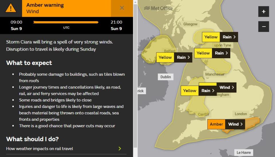  The Met Office has issued yellow weather warnings across the UK, with an amber 'danger to life' alert in the South of England