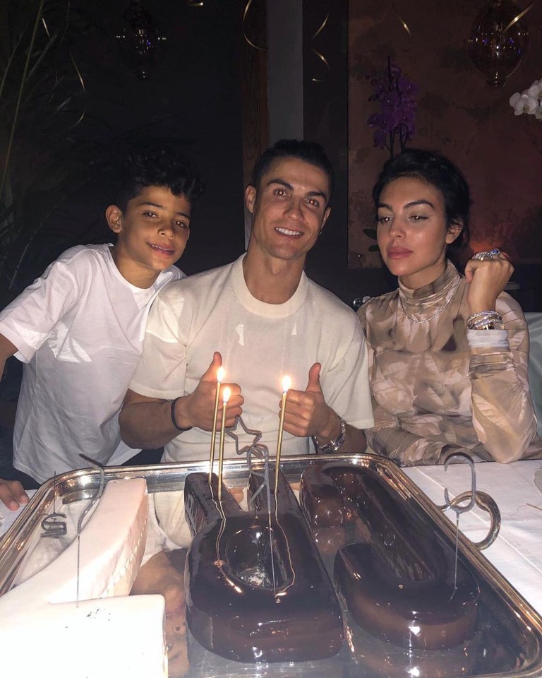  In a pic from his birthday Ronaldo gave two thumbs with son Cristiano Jr, nine and Georgina