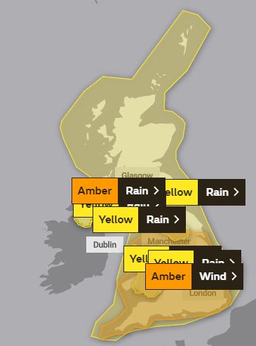  Wind warnings are in place up and down the country while amber danger to life alerts have been issued