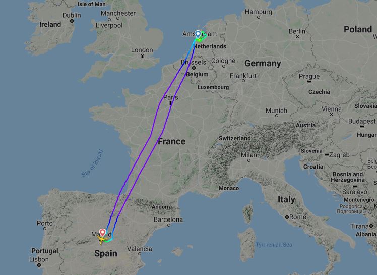  After an hour circling Amsterdam the pilot returned to Madrid