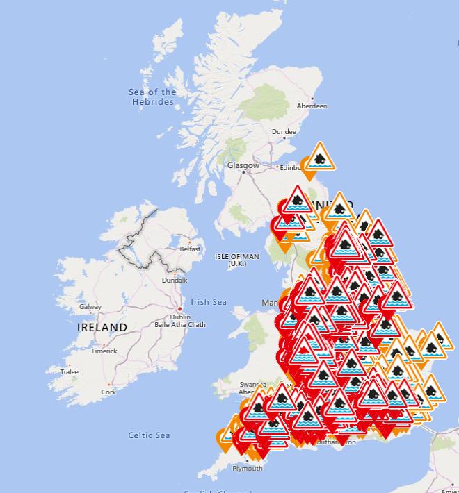  Five danger to life flood warnings are in place today, with more than 260 other warnings