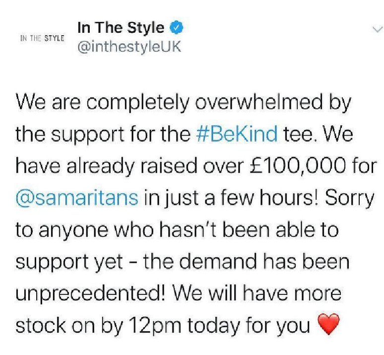 In The Style said the T-shirt had raised more than £100,000 in just a few hours