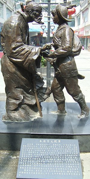  Women were not allowed to fight in the war so Mulan dressed up in her father's armour and pretended to be a man. Pictured, a statue of her in Xinxiang, China