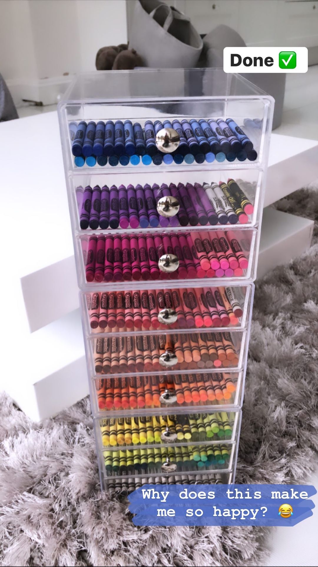 Stacey shared how she organised all of the crayons by colour in a see-through chest of drawers