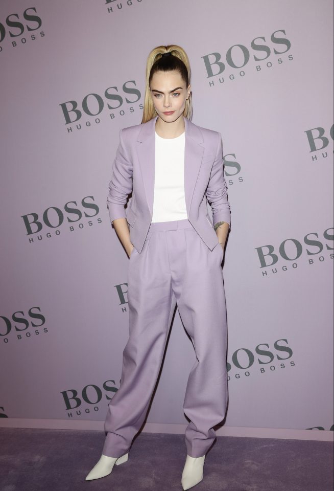  Cara stunned in the lilac suit during Milan Fashion Week