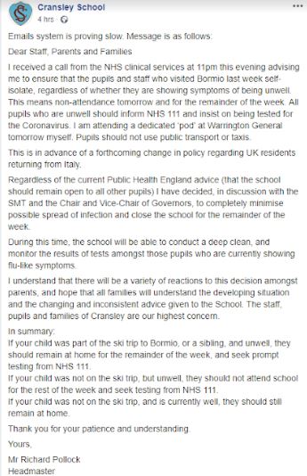 Cransley School issued a long list of advice to its parents