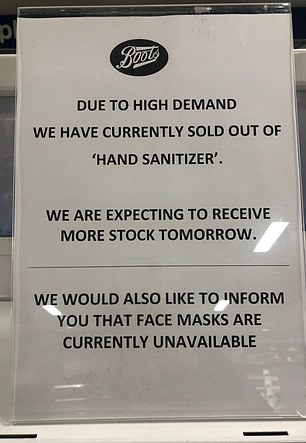  Many Boots stores are selling out of hand santizer and face masks as the prospect of a epidemic in the UK becomes all too real