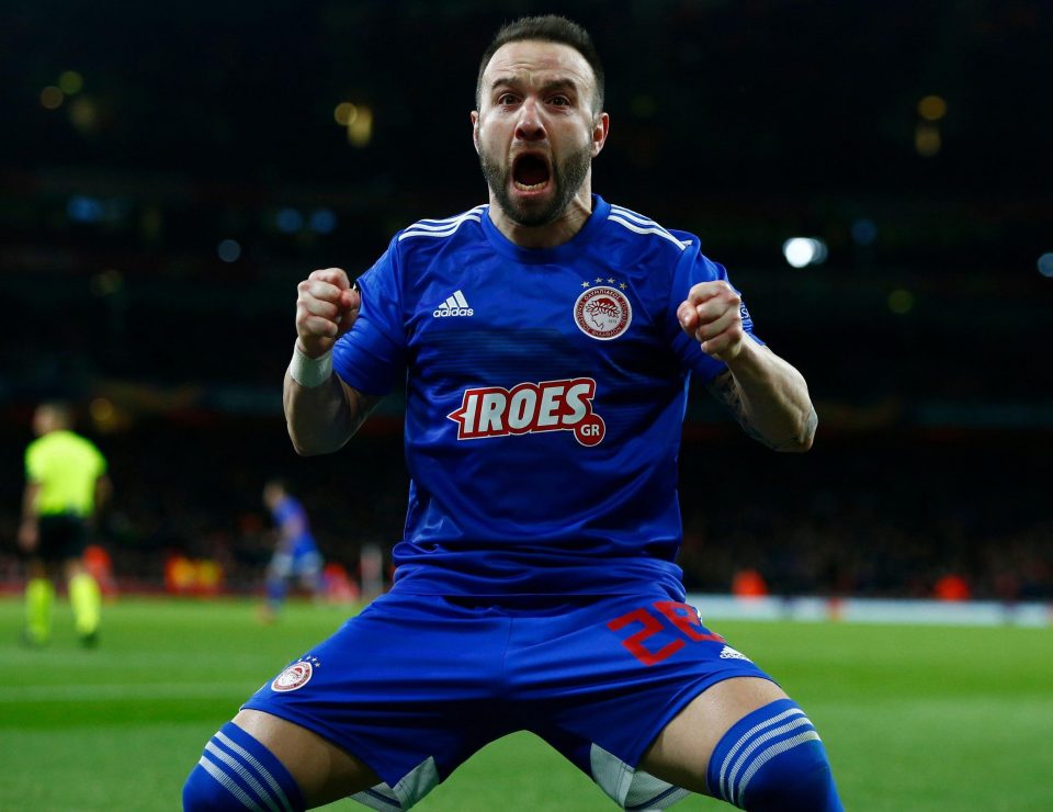  Veteran ex-France midfielder Mathieu Valbuena roars with delight after the opener from Olympiakos team-mate Pape Abou Cissé