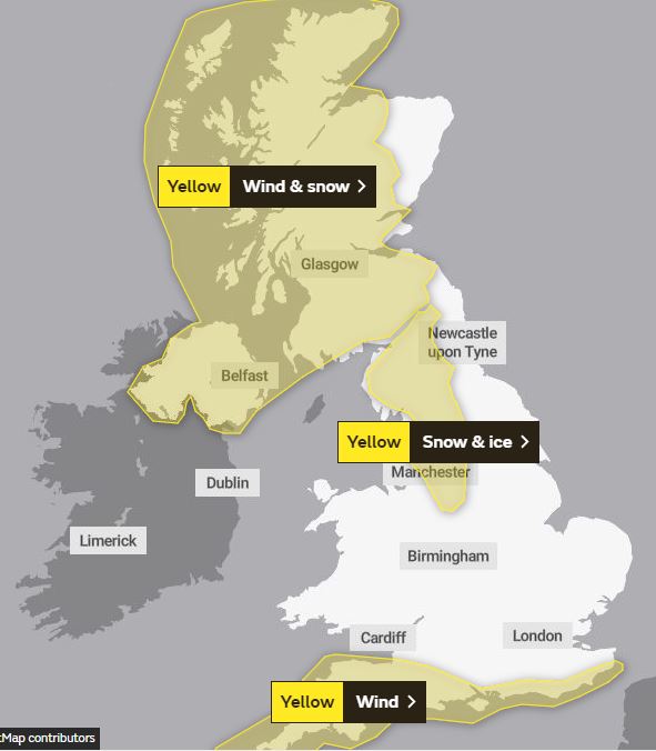  Weather map shows yellow weather warnings for snow, ice and wind across large parts of the UK today