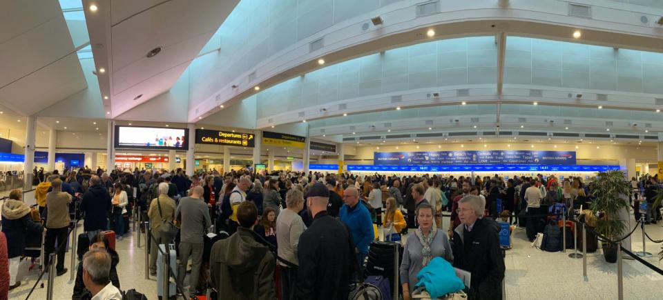  Massive queues formed at Gatwick Airport tonight with hundreds left stranded after cancelled flights