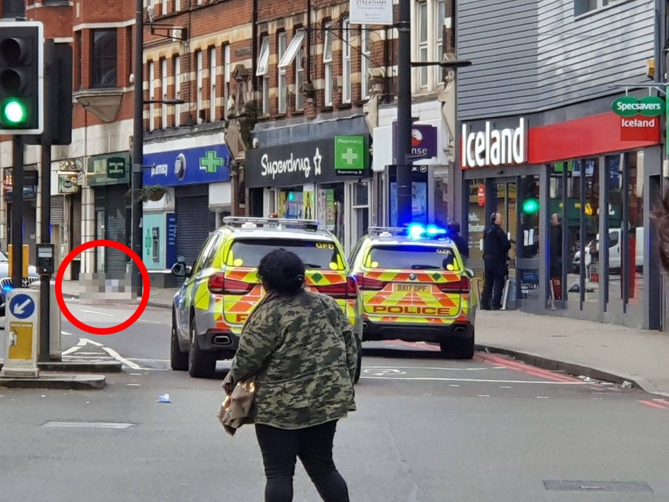  Amman pictured lying outside a Boots while officers stand in the Iceland entrance