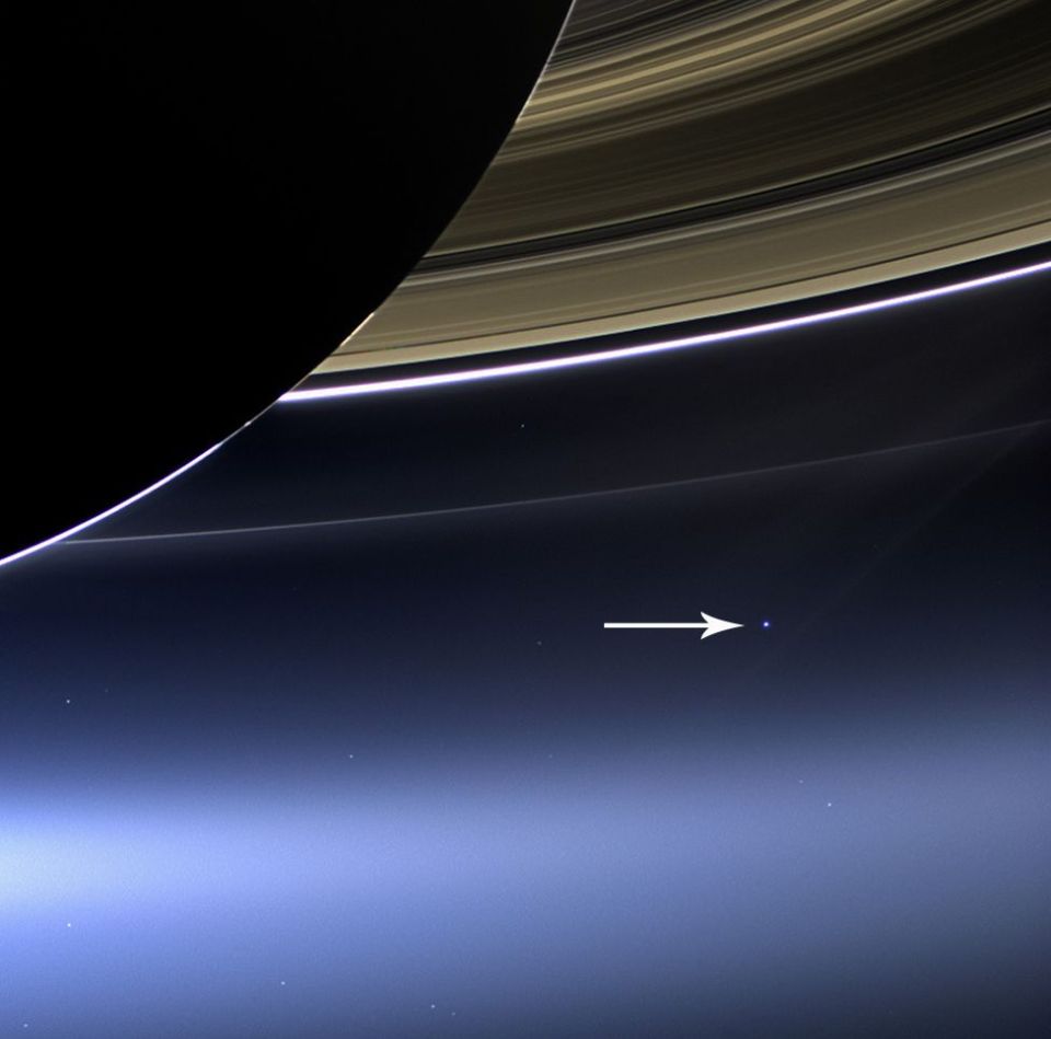  This newer version of the scene was take by the Cassini probe in 2013, with Saturn in the foreground