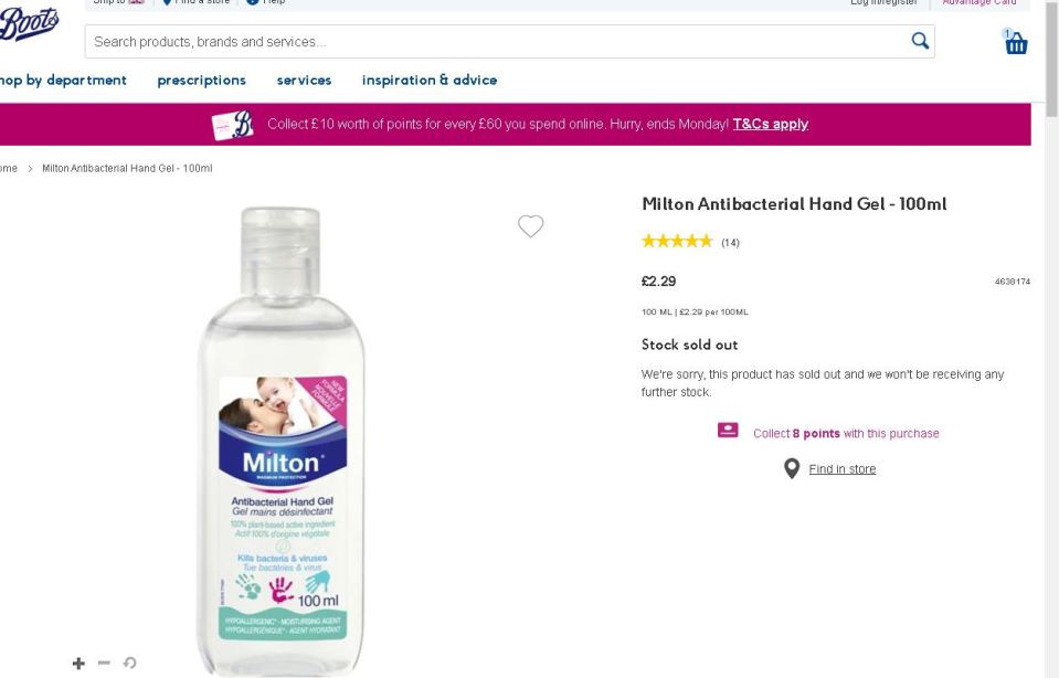  Boots was out of stock of many brands hand gel and were