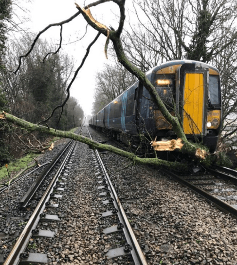  A train crashes into a tree in Swanley, Kent during the Storm Ciara chaos