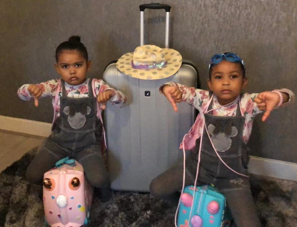  Kaliyah-Skye, 4, and Keidaah-Aurae, 5, were upset to learn they would no longer be travelling to Lanzarote after their flight was cancelled