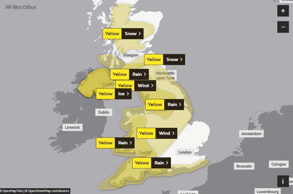  Weather map for Saturday shows much of the UK is covered by yellow warnings