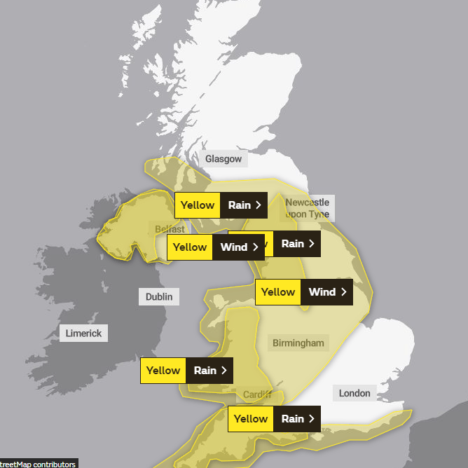  Met Office weather map shows yellow warnings in place across the vast majority of England and Wales on Saturday