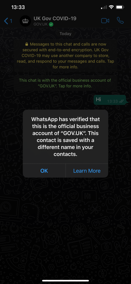  A button at the top of the account's profile confirms that WhatsApp has verified it as an official Government service