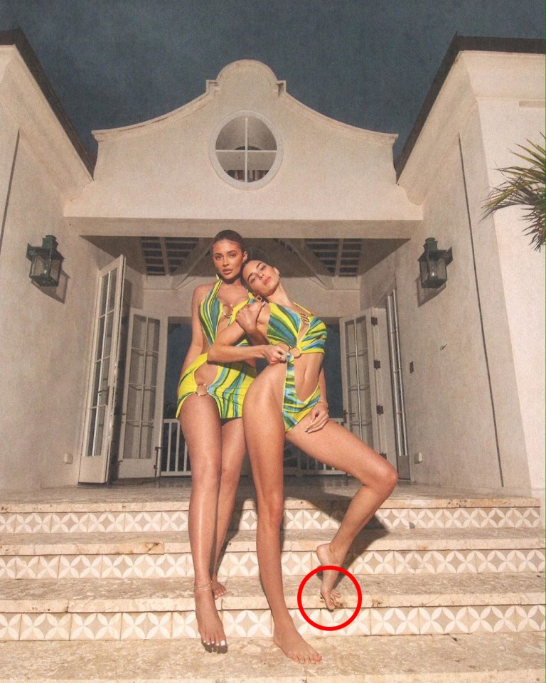  Kardashian fans noticed Kylie Jenner's short middle toe after she had mocked sister Kendall's extra long one (circled)