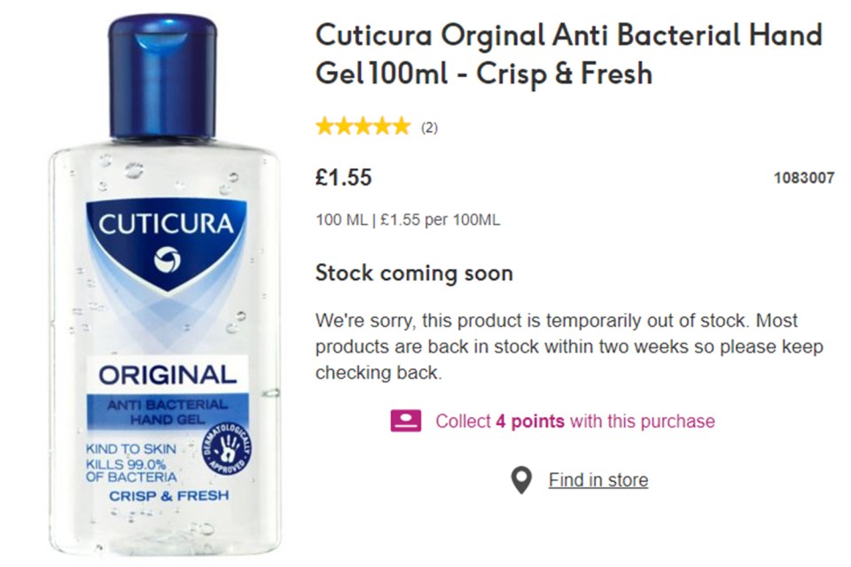  Cuticura hand gel is sold out on Boots' website