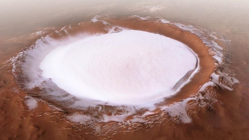 This photograph shows Mars’ ice-filled Korolev crater, which measures 50 miles across