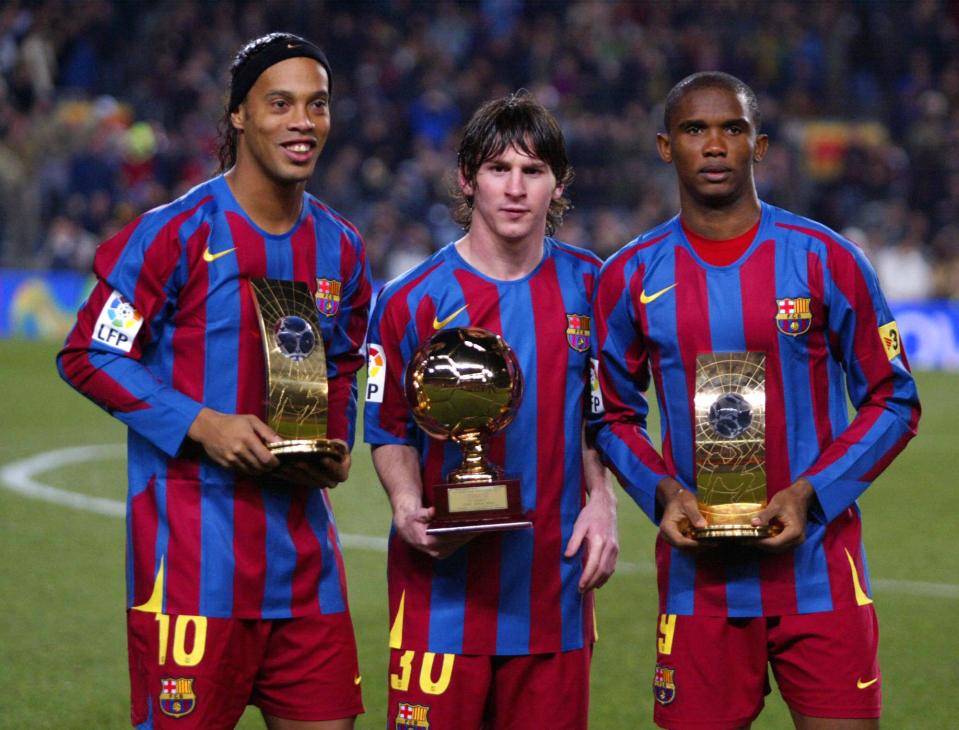  Ronaldinho alongside Lionel Messi and Samuel Eto'o in 2005