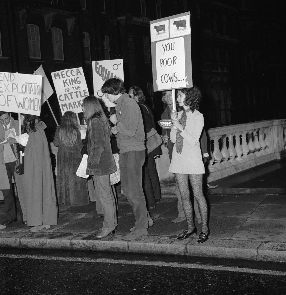  Protestors gather outside Miss world for the 1970 protest against the controversial pageant