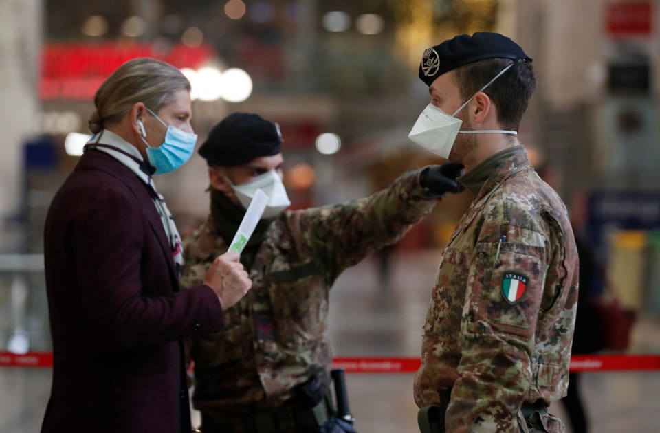  Police and soldiers check travellers at Milan train station