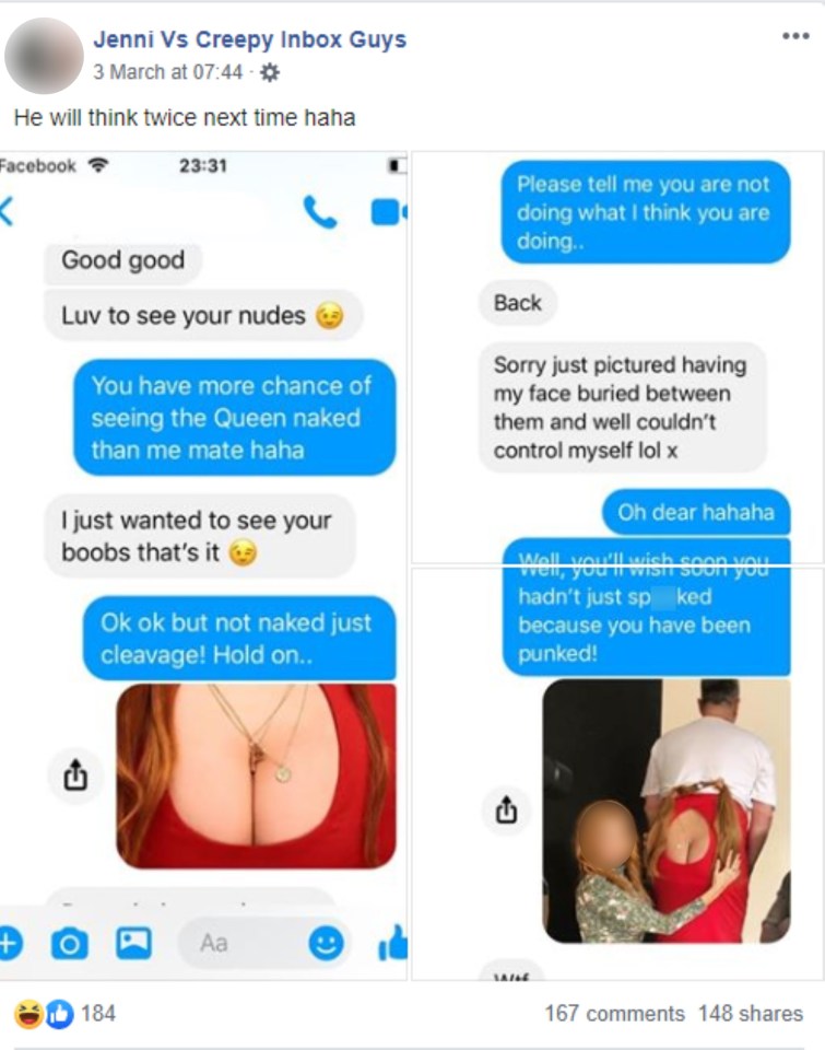 Jennifer saves snaps of men's bottom cleavages to send to creeps asking for nudes