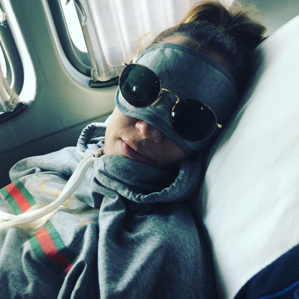 Mollie shared this sweet snap of Caroline travelling in an eye mask and sunglasses