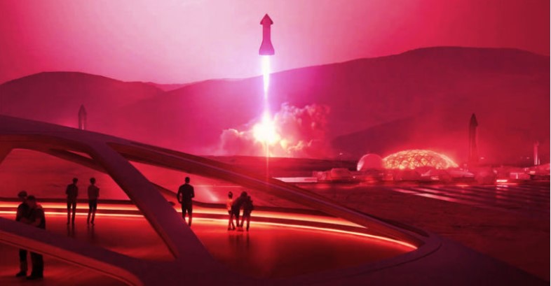 Musk has previously outlined plans for a Martian colony established by his rocket company, SpaceX. Pictured is an artist impression of the colony with a SpaceX Starship rocket in the background