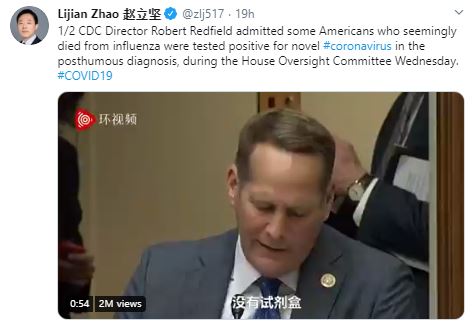 Zhao commented over the top of videos of the CDC answering to a house committee hearing on COVID-19